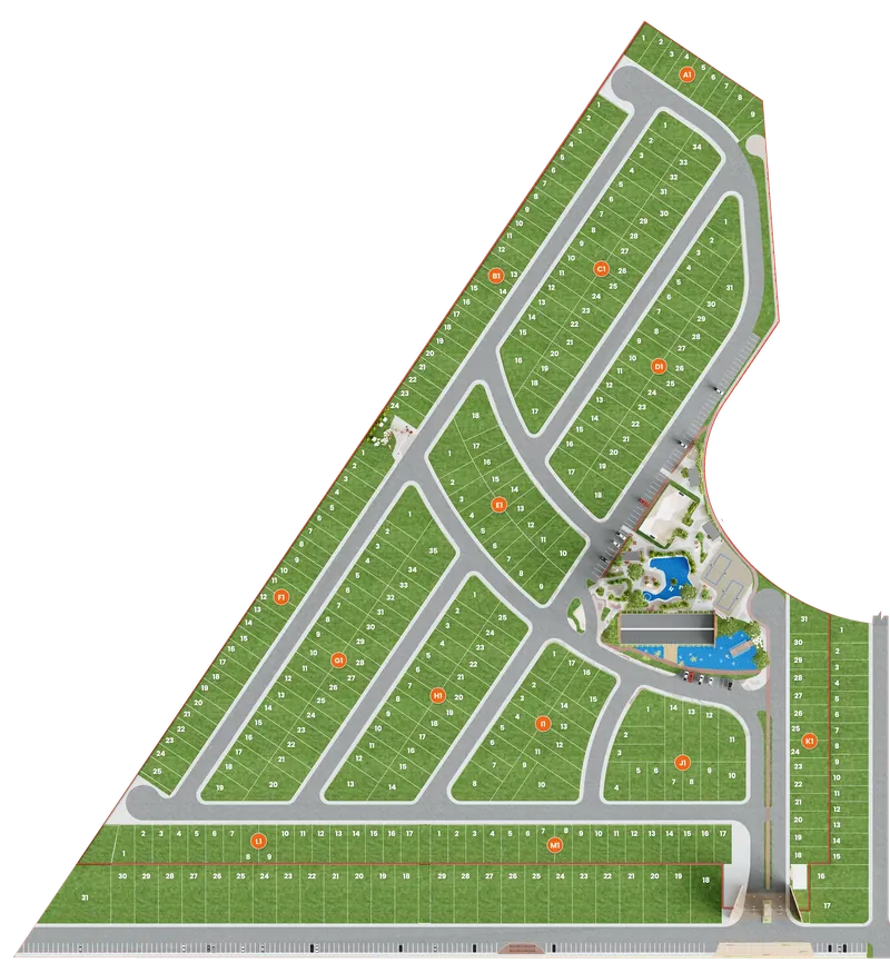 Planta de implantação do Central Praia com quadras de A1 a M1 e clube central